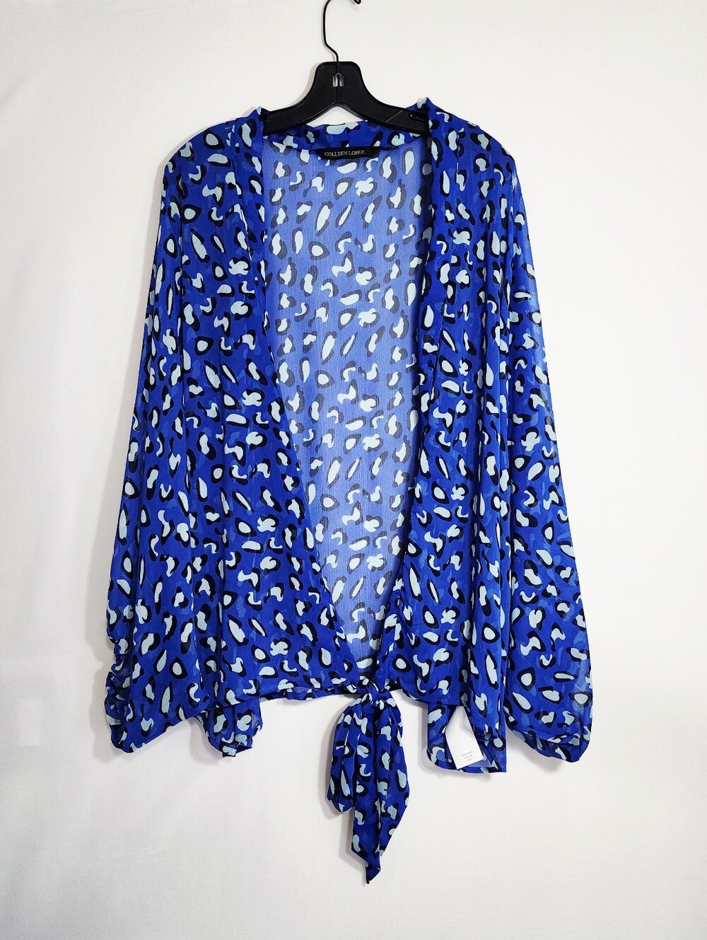 Colleen Lopez Blue Leopard Print Tie Front Kimono Blouse Top 1X Plus Size